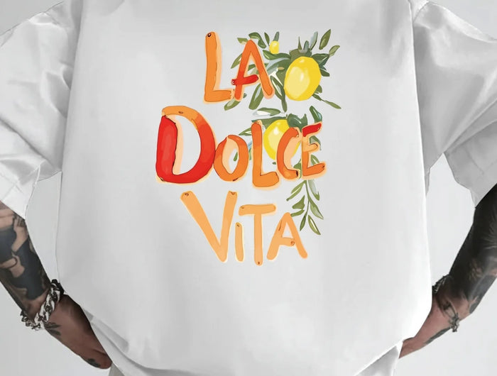Italian style, dolce vita, men's printed top with back design, short-sleeved t-shirt, casual streetwear