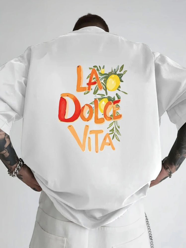 Stile italiano, dolce vita, top da uomo stampato con motivo sul retro, maglietta a maniche corte, streetwear casual