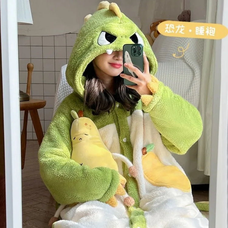 Cute Dinosaur Hooded Plush Onesie Pajamas Loose Thick Winter Warm Sleepwear Animal Cosplay Costume Outfits
