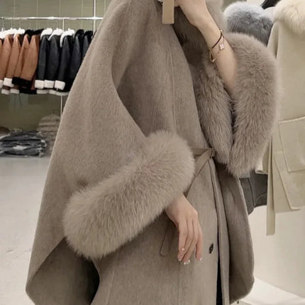 UCXQ Korean Style Two Sided Cloak Overcoat For Women Fur Collars Belt Loose Long Coats 2025 Winter New 23Z2284