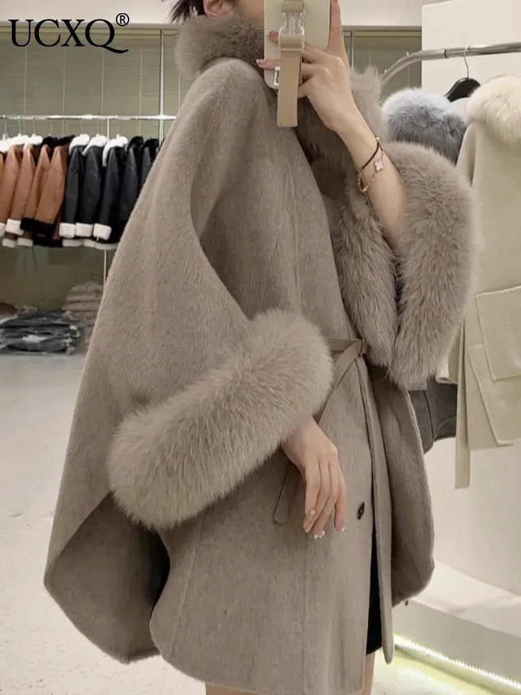 UCXQ Korean Style Two Sided Cloak Overcoat For Women Fur Collars Belt Loose Long Coats 2025 Winter New 23Z2284