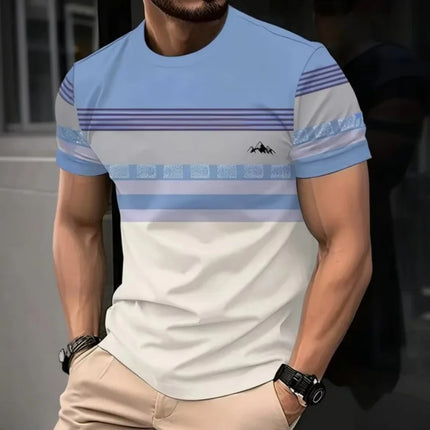 T-shirt con giunture geometriche stampate in 3D per uomo T-shirt con motivo a strisce colorate T-shirt casual estive con o-collo maniche corte larghe