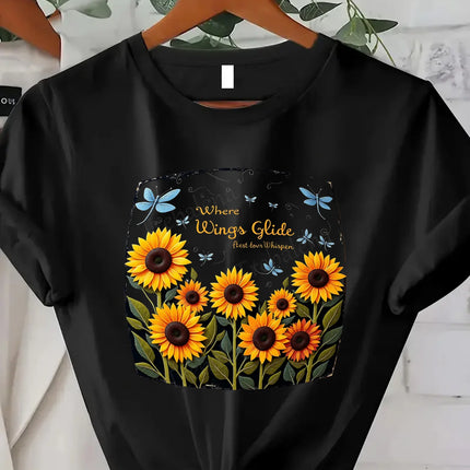 Comoda maglietta da donna con stampa T-shirt con fiori morbidi e cuori selvatici - T-shirt da donna con stampa floreale di gatti