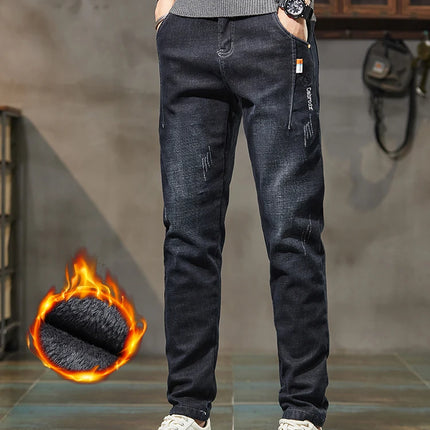 Men's Thick Winter Jeans Slim Elastic Velvet Warm Business Casual Trousers Fashion Vintage Straight Male Plush Denim Pants
