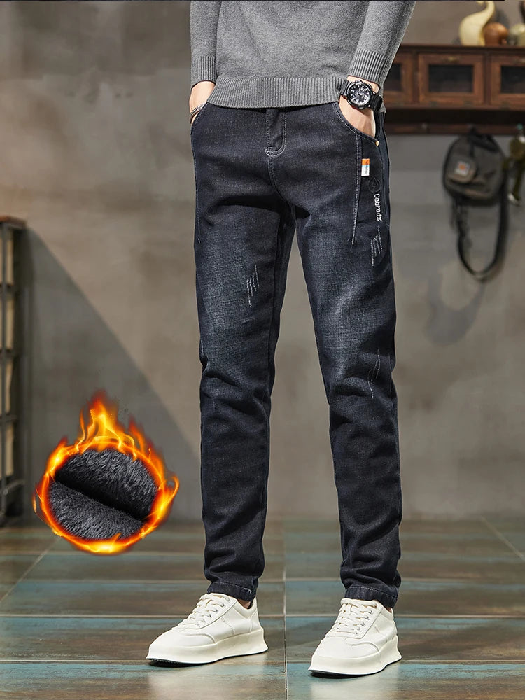 Men's Thick Winter Jeans Slim Elastic Velvet Warm Business Casual Trousers Fashion Vintage Straight Male Plush Denim Pants