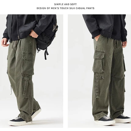 Autumn New Cargo Loose Multi-pockets 100% Cotton Straight Pants for Men Clothing Comfort Zipper Male Trouser GF258113