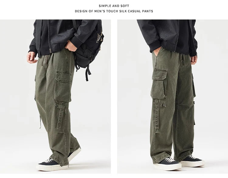 Autumn New Cargo Loose Multi-pockets 100% Cotton Straight Pants for Men Clothing Comfort Zipper Male Trouser GF258113