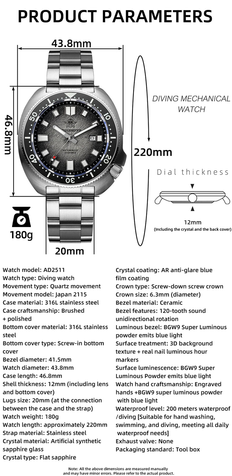 ADDIESDIVE Japan2115 New Men Watch Sapphire Glass BWG9 Ultra-Bright Luminous 200m Waterproof Wristwatch Luxury Quartz Watches