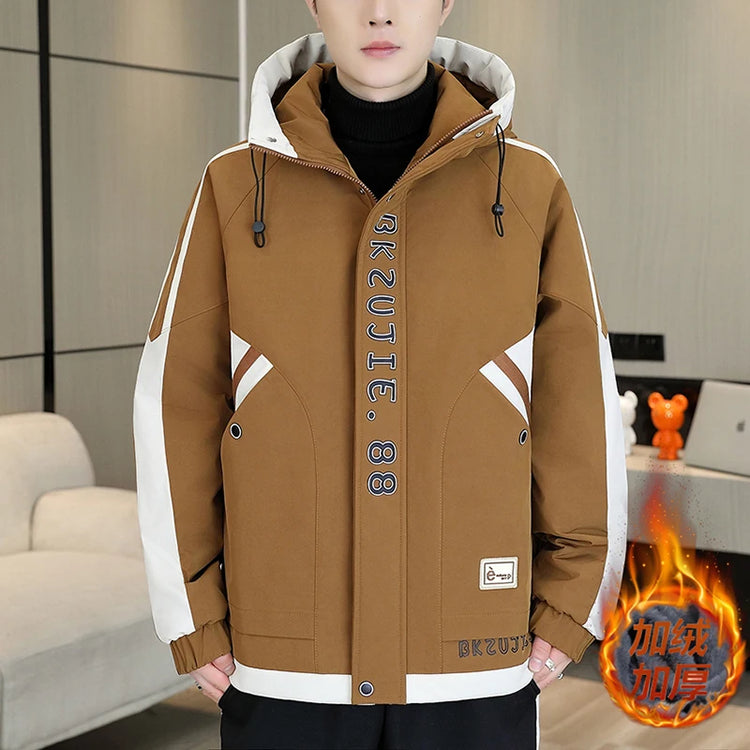 Fashion Autumn Winter Men's Hooded Fleece Jackets Youth High Streetwear Casual Plush Liner Coats Windproof Padded Tops Clothing