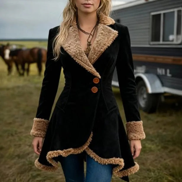 Women's Vintage Suede Coat Fur Collar Lapel  Beggar Style