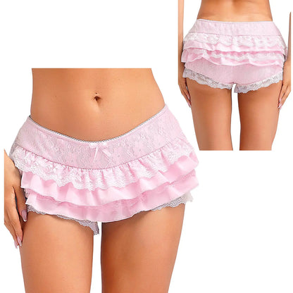 Women Cute Lolita Pumpkin Bloomers Y2K Sweet Layers Lace Ruffle Shorts Minipants Low Waist Tiered Hot Pants Frilly Pettipants