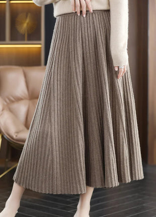 100% Merino Wool Women’s Knitted Skirt Spring Autumn Winter  Long Pleated Grace Skirts High Waist A-Line Cashmere Comfortable PlatiNum