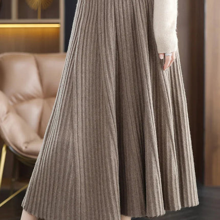 100% Merino Wool Women’s Knitted Skirt Spring Autumn Winter  Long Pleated Grace Skirts High Waist A-Line Cashmere Comfortable PlatiNum