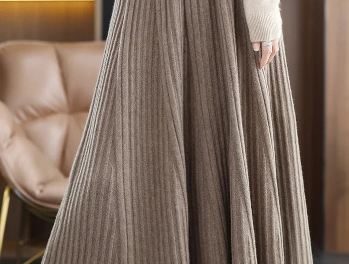 100% Merino Wool Women’s Knitted Skirt Spring Autumn Winter  Long Pleated Grace Skirts High Waist A-Line Cashmere Comfortable PlatiNum