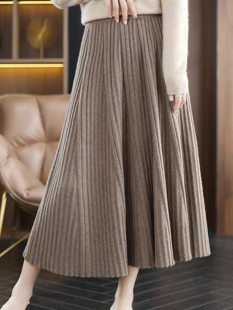 100% Merino Wool Women’s Knitted Skirt Spring Autumn Winter  Long Pleated Grace Skirts High Waist A-Line Cashmere Comfortable PlatiNum