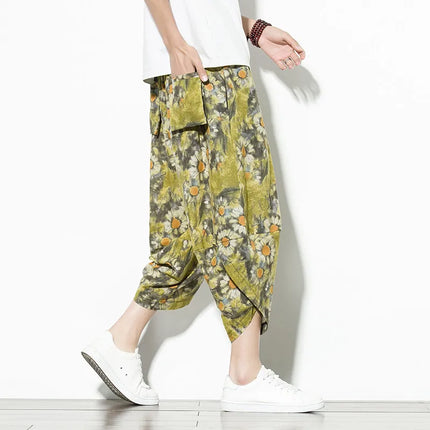 Pantaloncini Estivi Harajuku Larghi Stampati Traspiranti Casual a Lunghezza Polpaccio in Cotone Oversize da Uomo