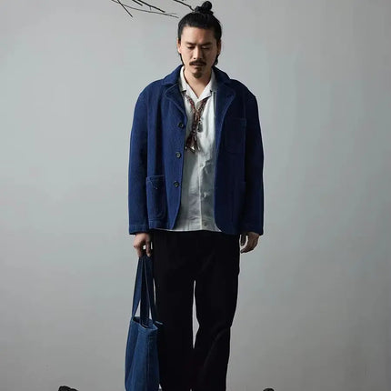 Indigo Blue Dyed Suit Jacket Heavy Sashiko Casual Japanese Retro Washed Coat Jacket