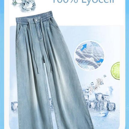 Estate di Lusso Morbido Accogliente 100% Tessuto Lyocell Donna Jeans Allentati Gamba Larga Elastico in Vita Pantaloni Moda Casual Più Lunghezza