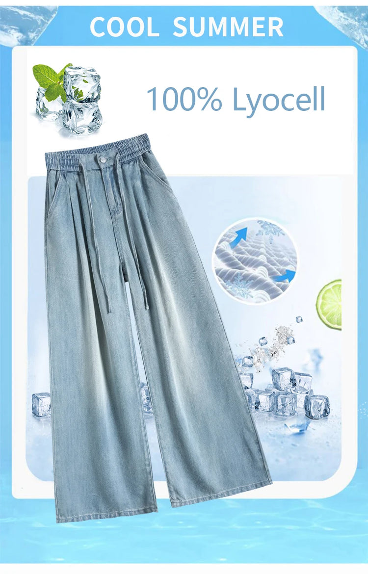 Estate di Lusso Morbido Accogliente 100% Tessuto Lyocell Donna Jeans Allentati Gamba Larga Elastico in Vita Pantaloni Moda Casual Più Lunghezza