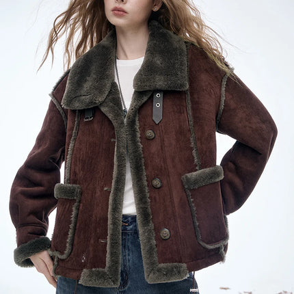 ELFSACK Women's Vintage Suede Plush Winter Coat 2025, Loose Turn-Down Collar Blend Jacket, Casual Versatile Outerwear