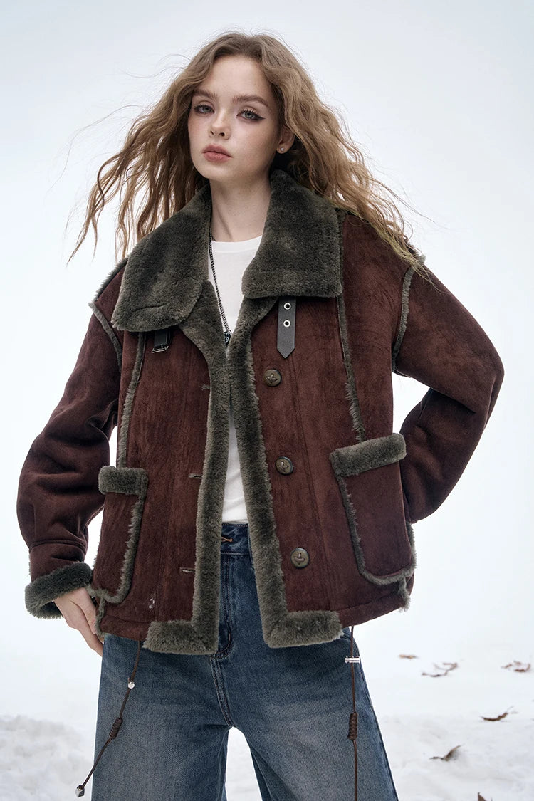 ELFSACK Women's Vintage Suede Plush Winter Coat 2025, Loose Turn-Down Collar Blend Jacket, Casual Versatile Outerwear