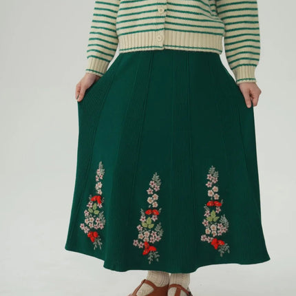 62-96cm Waist Fall Winter Long Skirts Women Elegant Handmade Embriodery Crochet Red Fruit Cashmere Wool Knitted Emerald Skirts PlatiNum