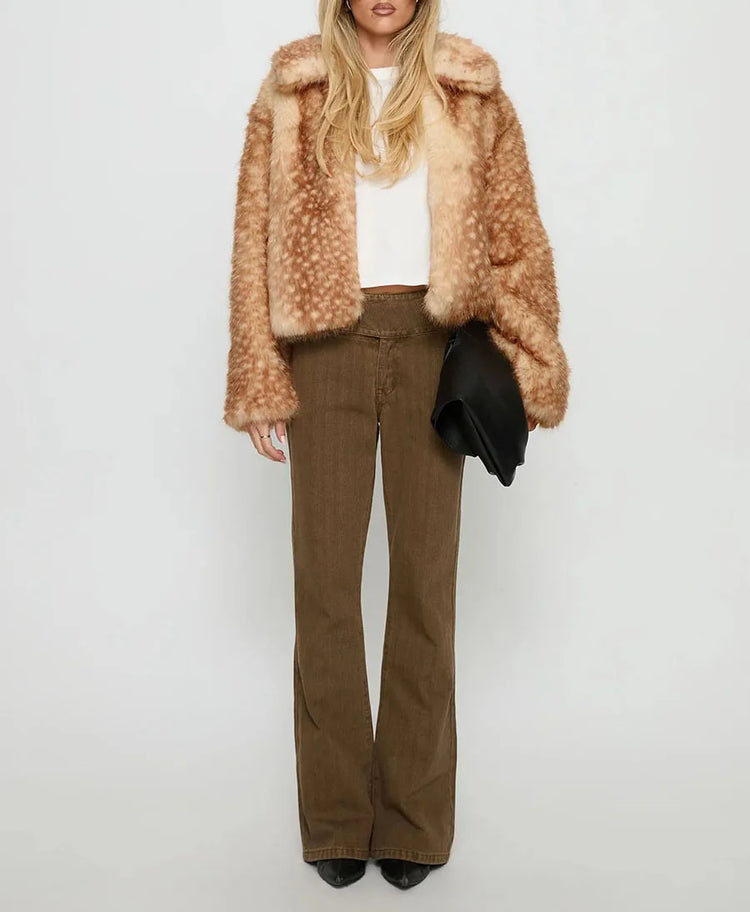 ZADORIN Chic Turn Down Collar Deer-print Cropped Fluffy Faux Fur Coat Woman Elegant Warm Faux Fur Jackets Woman Winter Coat Tops