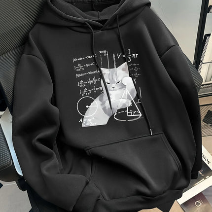 Women's casual hooded long-sleeved pullover with "Cat and Mathematical Formula" print. Loose fit sweatshirt hoodie hoodies