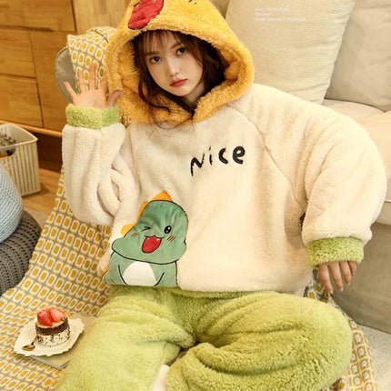 2024 New Plush Pajamas Set for Women Thick Hooded Women 2 Piece Clothes Set Cute Rabbit Women Pyjamas Coral Fleece Warm Homewear