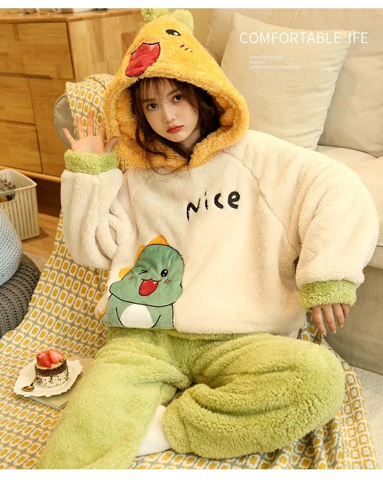 2024 New Plush Pajamas Set for Women Thick Hooded Women 2 Piece Clothes Set Cute Rabbit Women Pyjamas Coral Fleece Warm Homewear