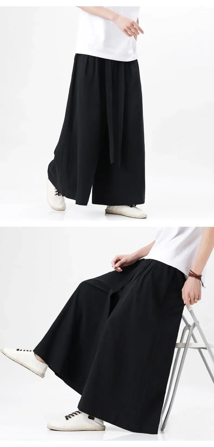 Pantaloni retrò in cotone e lino stile cinese Uomo Kimono estivo Pantaloni tradizionali in tinta unita Pantaloni casual a gamba larga streetwear maschile