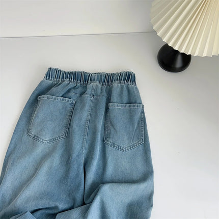 Jeans lavati curvi di seta pantaloni estivi in Denim a gamba larga larghi a vita alta da donna