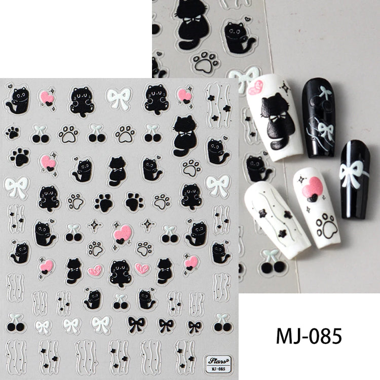 Cute Black Cat Nail Stickers Decals 5D Embossed Kawaii Cat Flowers Star Nail Art Decoration Cute Cartoon Sliders Summer Manicure