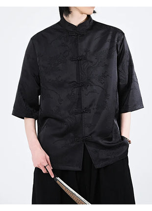 Camicie cinesi Camicia retrò in seta di ghiaccio con motivo floreale scuro Tradizionale Kung Fu Tai Chi Casual Loose Fit Top da uomo traspirante estivo