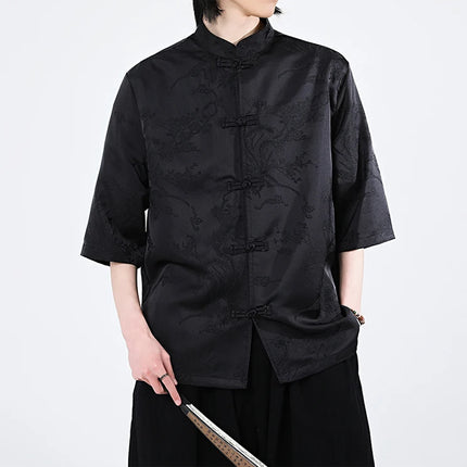 Camicie cinesi Camicia retrò in seta di ghiaccio con motivo floreale scuro Tradizionale Kung Fu Tai Chi Casual Loose Fit Top da uomo traspirante estivo