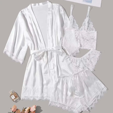 Set loungewear di lusso in pizzo da 4 pezzi - Canotta + pantaloncini/pantaloni + vestaglia kimono |   Collezione di indumenti da notte sexy da donna