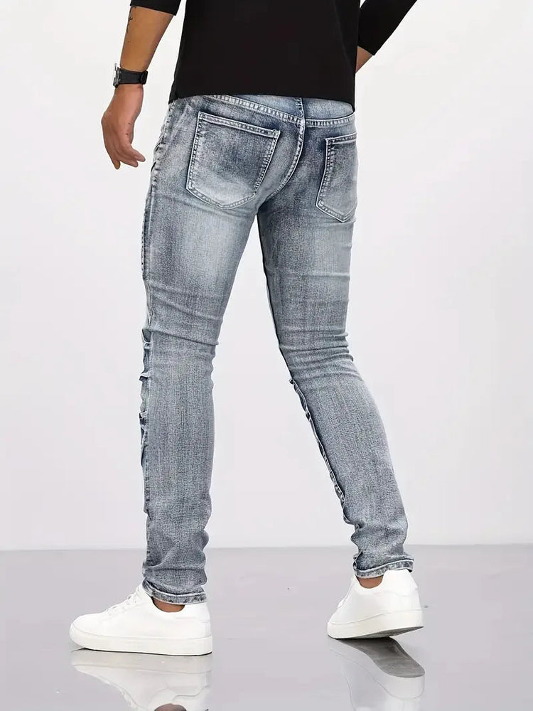 Two tone distressed patchwork jeans for men trendy jeans for summer thin straight leg pants slim fit small leg distressed jeans PlatiNum