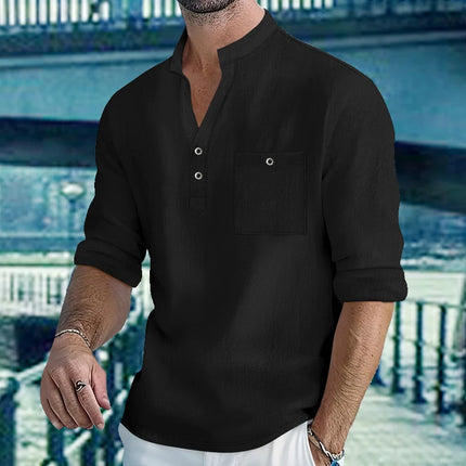 Men's Lightweight Shirts Cotton Linen Henley Long Sleeve Shirts for Men Beach Hawaiian V-Neck Top Breathable Polo