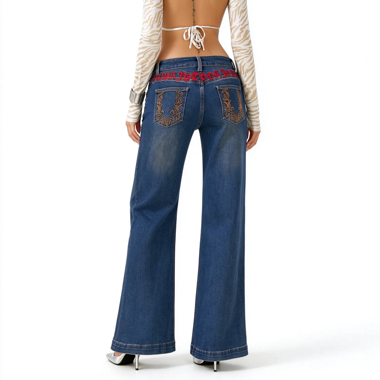 Women's Low Rise Wide Leg Jeans with Gothic Back Embroidery, Y2K Style Vintage Wash Blue Denim, Casual Pants for Urban and Evening Outfits,Fx-5444