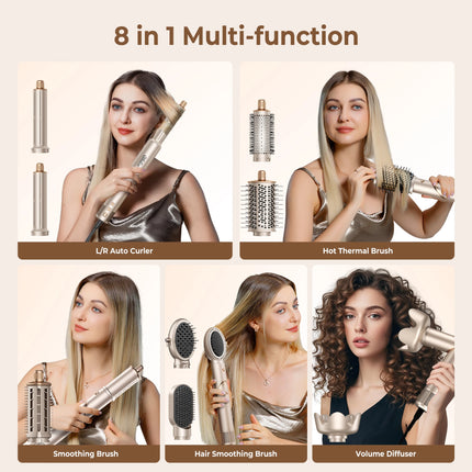 UKLISS 643 Champagne Color 8-in-1 Hot Air Styler Set, Detachable Multi Functional Hair Styling Tool, Hair Dryer, Curling Wand, Straightening Brush & Flat Iron All in One, Foldable Rotatable Auto Curler for Quick Drying, Smoot