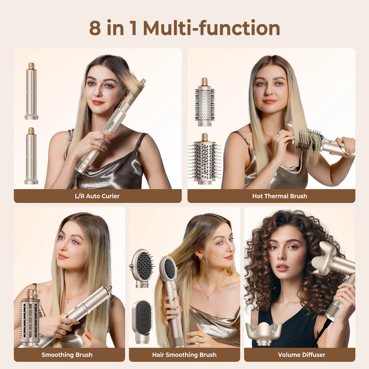 UKLISS 643 Champagne Color 8-in-1 Hot Air Styler Set, Detachable Multi Functional Hair Styling Tool, Hair Dryer, Curling Wand, Straightening Brush & Flat Iron All in One, Foldable Rotatable Auto Curler for Quick Drying, Smoot