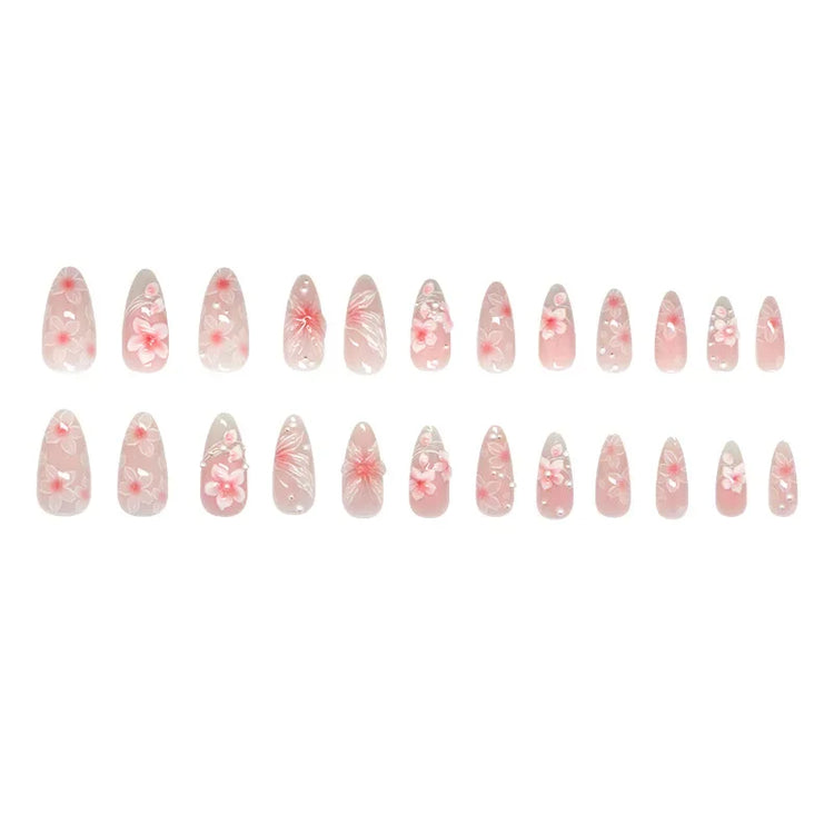 24pcs Pink Flower Almond Press on Nails Kawaii False Nails Wearable Stick-on Nails Fake Nail Uñas Postizas Накладные Ногти 네일팁2028