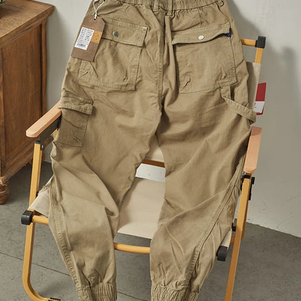 Autumn New American Retro Woven Cargo Pants Men's 97.5% Cotton Washed Elastic Waist Drawstring Loose Casual Anke-tied Trousers