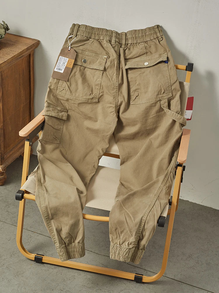 Autumn New American Retro Woven Cargo Pants Men's 97.5% Cotton Washed Elastic Waist Drawstring Loose Casual Anke-tied Trousers