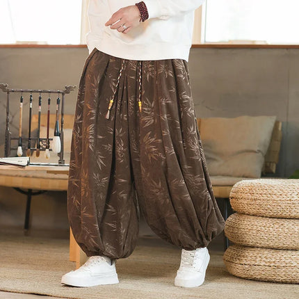 Pantaloni di alta qualità per uomo stile cinese fiore scuro velluto a coste Bloomers casual elastico in vita moda pantaloni larghi a gamba larga maschile