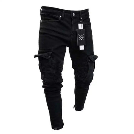 Street Elastic Jeans Men Denim Cargo Pants Wash Solid Color Multi Pockets Casual Mid Waist Trousers Slim Fit Daily Wear Joggers PlatiNum