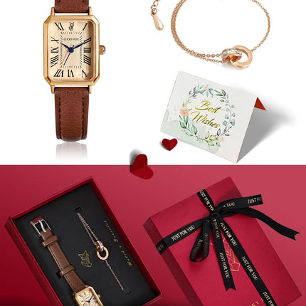 LUCKY FOX 2 pezzi confezione regalo di lusso leggera set braccialetto orologio orologio al quarzo quadrato da donna semplice e alla moda regalo del festival Reloj platinumshop