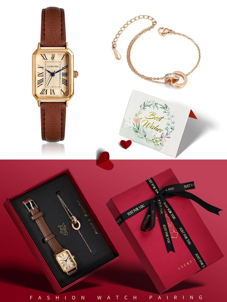 LUCKY FOX 2 pezzi confezione regalo di lusso leggera set braccialetto orologio orologio al quarzo quadrato da donna semplice e alla moda regalo del festival Reloj platinumshop