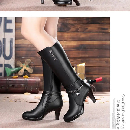 AIYUQI Female Winter Shoes Woman Boots High-Heeled Genuine Leather Motorcycle Boots Thick Wool Warm Winter Boots Riding Boot