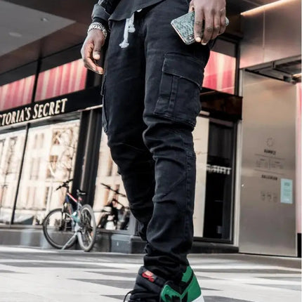 new Jeans Men Pants Wash Solid Color Multi Pockets Denim Mid Waist Cargo Jeans Plus Size Fahsion Casual Trousers Male Daily Wear PlatiNum